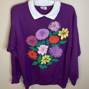 Vintage 1990 JANE COLBY Womens M/L Floral Graphic Collared Sweatshirt
